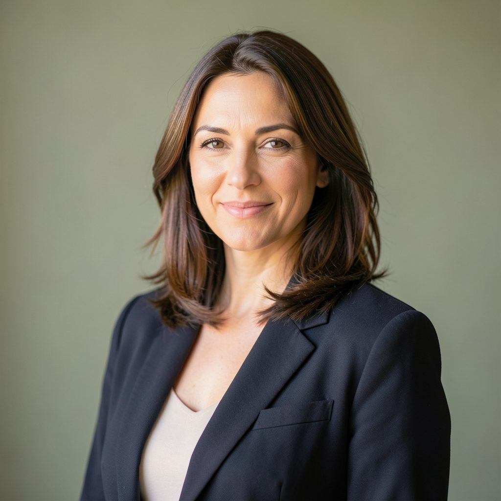 A warm, softly lit portrait of a woman with shoulder-length brown hair, wearing a dark blazer against a muted sage-green background
