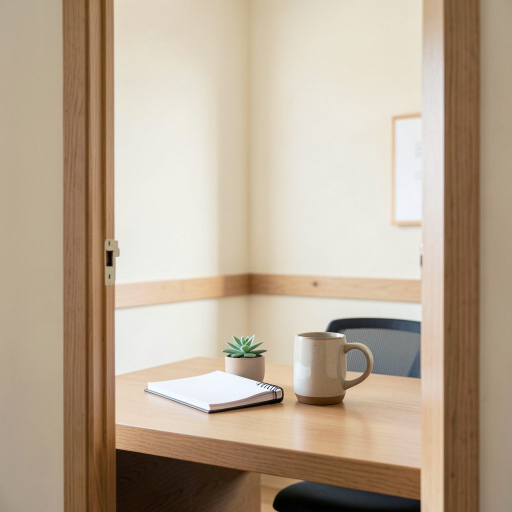 A neatly arranged desk with a notebook, a ceramic mug, and a small succulent, seen through an open doorway into a softly lit room