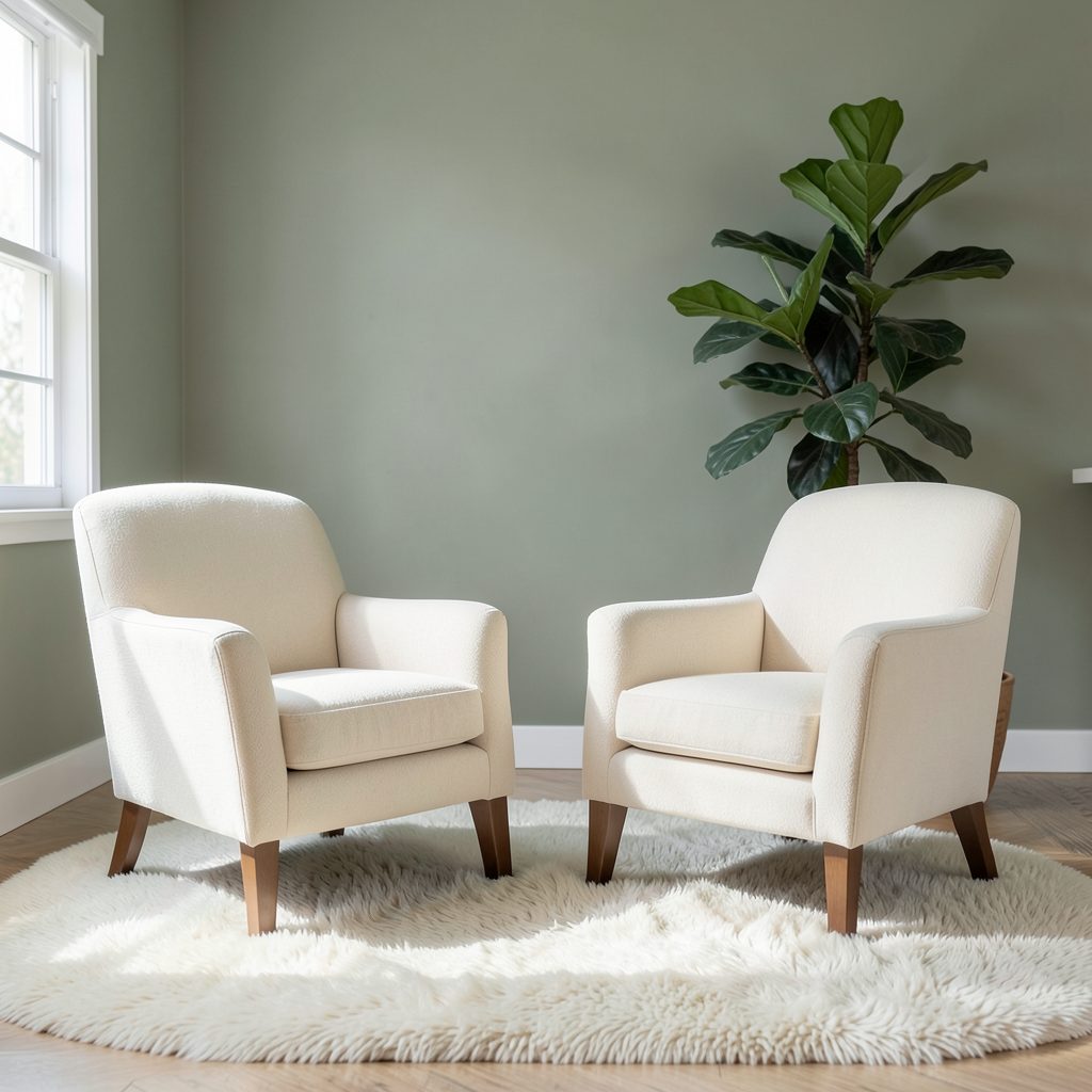 Two cream-colored armchairs facing each other across a soft wool rug in a sunlit room with sage-green walls and a large window