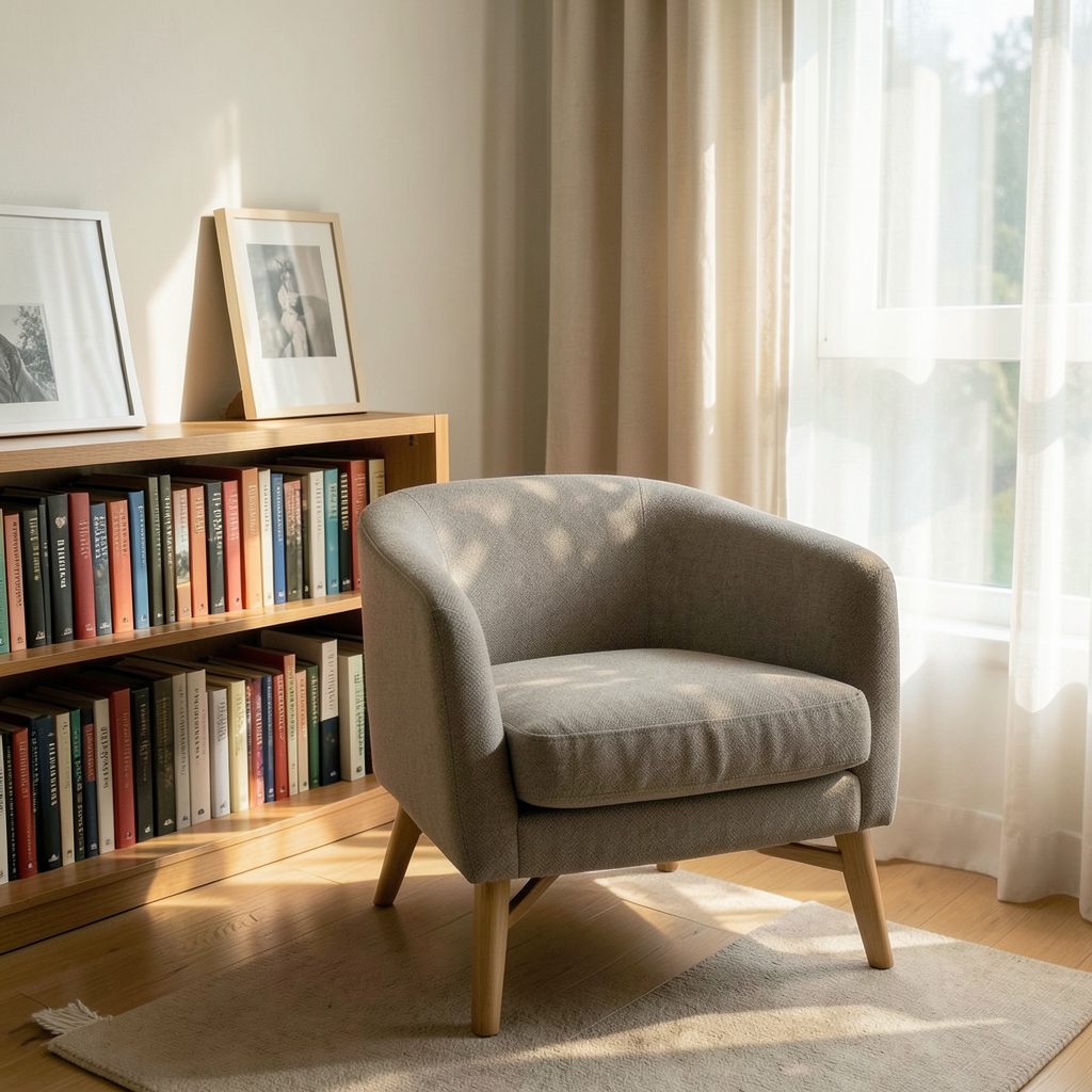 A single comfortable armchair beside a low bookshelf filled with hardcover books, warm afternoon light streaming through a window