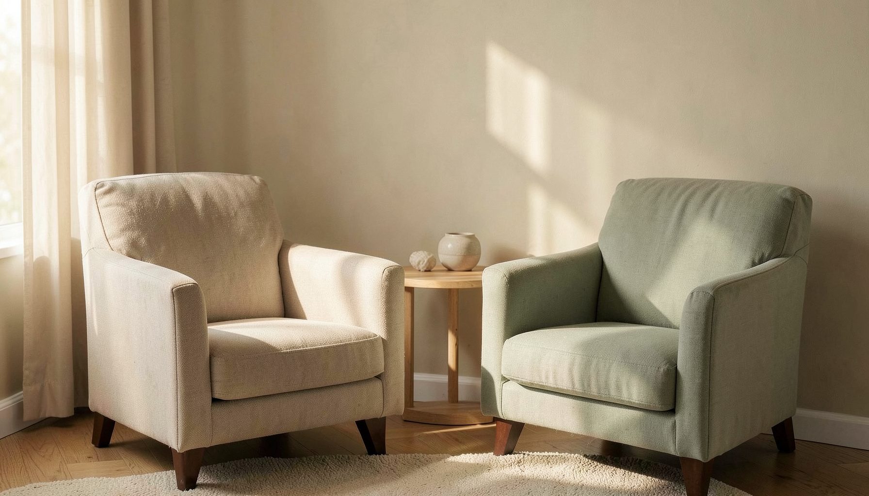 Soft natural light falling across a quiet therapy room with two comfortable armchairs, warm beige and sage green tones
