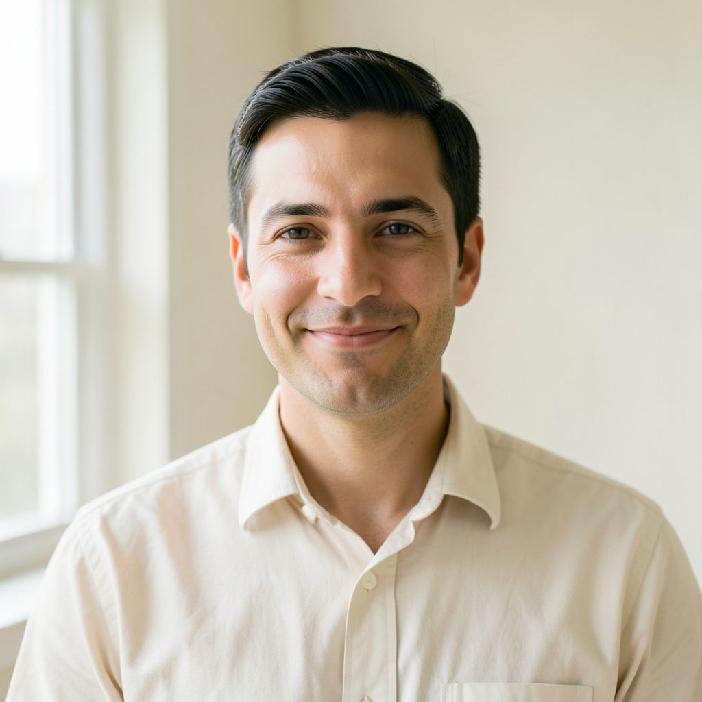 A relaxed, natural portrait of a man with short dark hair and a subtle smile, wearing a casual button-down shirt. Soft natural light against a muted background.