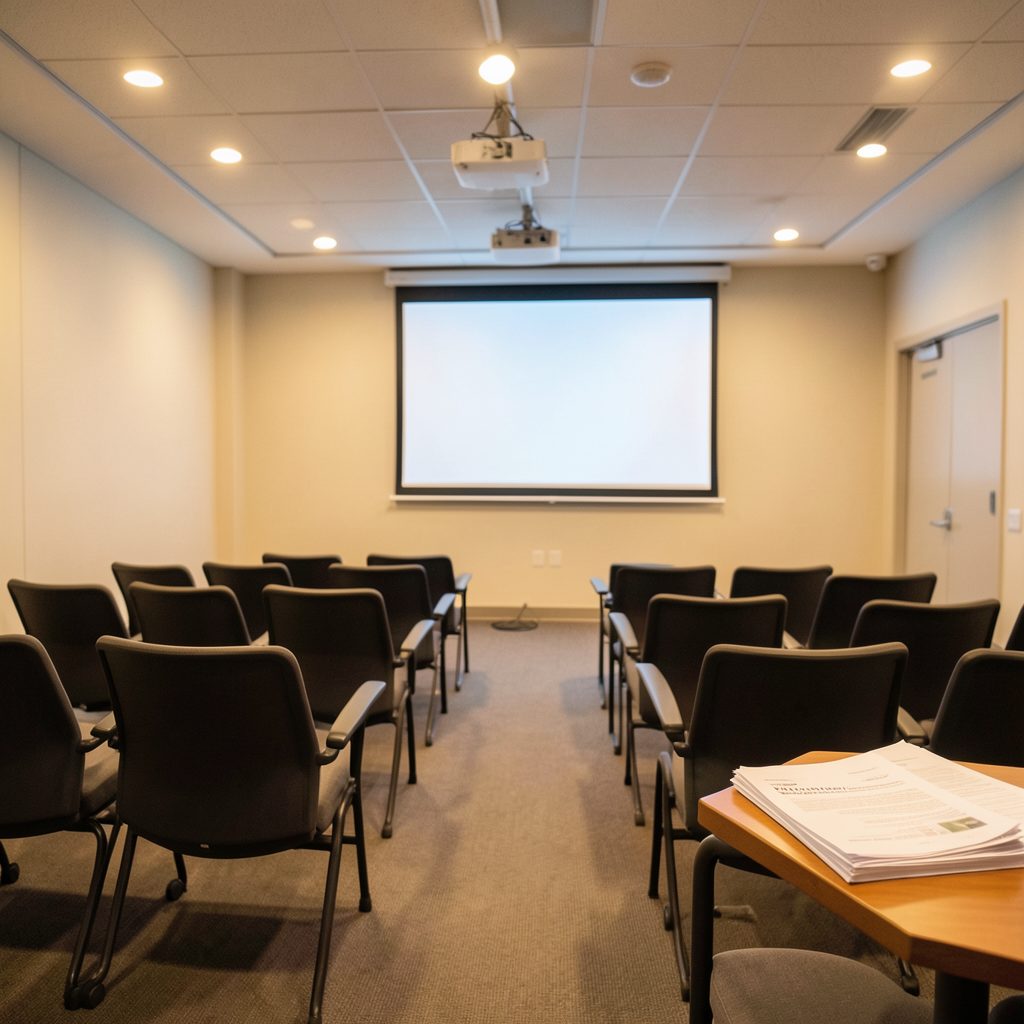 A seminar-style room with rows of empty chairs facing a presentation screen, warm overhead lighting, and a stack of printed materials on a side table