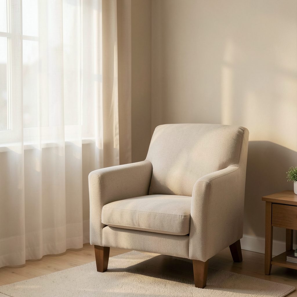 A softly lit therapy room with warm neutral tones, a comfortable armchair, and gentle natural light filtering through sheer curtains