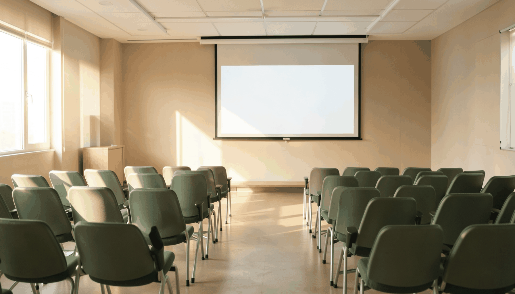 Soft natural light falling across a quiet seminar room with rows of chairs facing a presentation screen, warm beige and cream tones